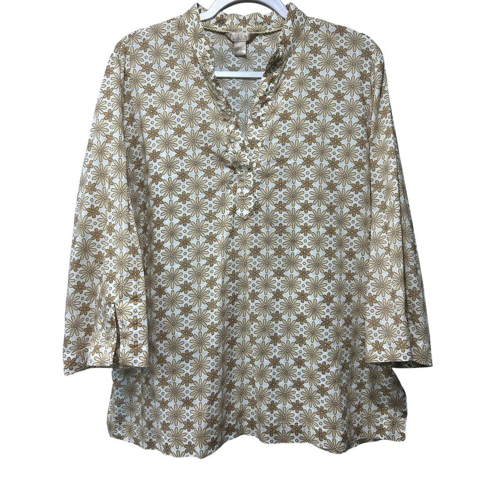 White Stag Women Top Tunic Hippie Daisy Cottage Cotton Brown Floral Print SZ XL